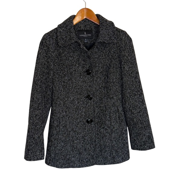 London Fog Jacket Women Med Petite Black White Tweed Coat Academia Preppy Office - Picture 1 of 10
